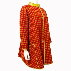 Bonnie Cashin for Sills Coat Large Pocket Pink Check Wool Lime Leather Trim 60s